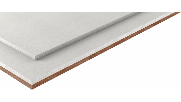 Gipsfaser Estrich-Element mit Holzfaserdämmung, zwei weiße verschiedene Platten, übereinander gelegt, Ausschnitt